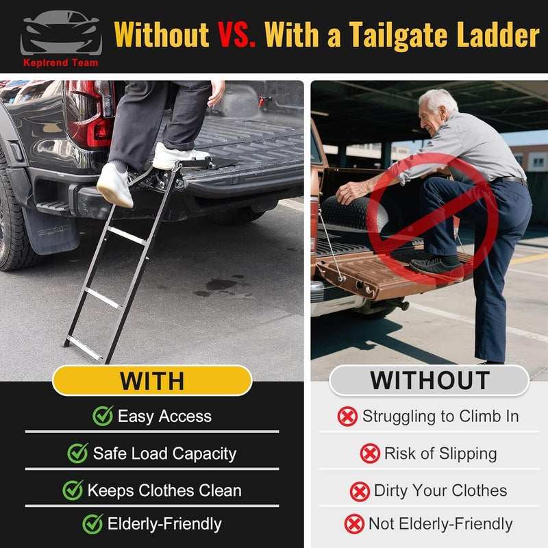 Keplrend Tailgate Ladder Universal Fit, Easy Access Truck Bed Steps for Pickup Trucks Anti-Slip, Stainless Steel Self Drilling Screws & Driving Safety Straps and Bump Pads, for Ford, Silverado, Ram, GMC Sierra - Image 3